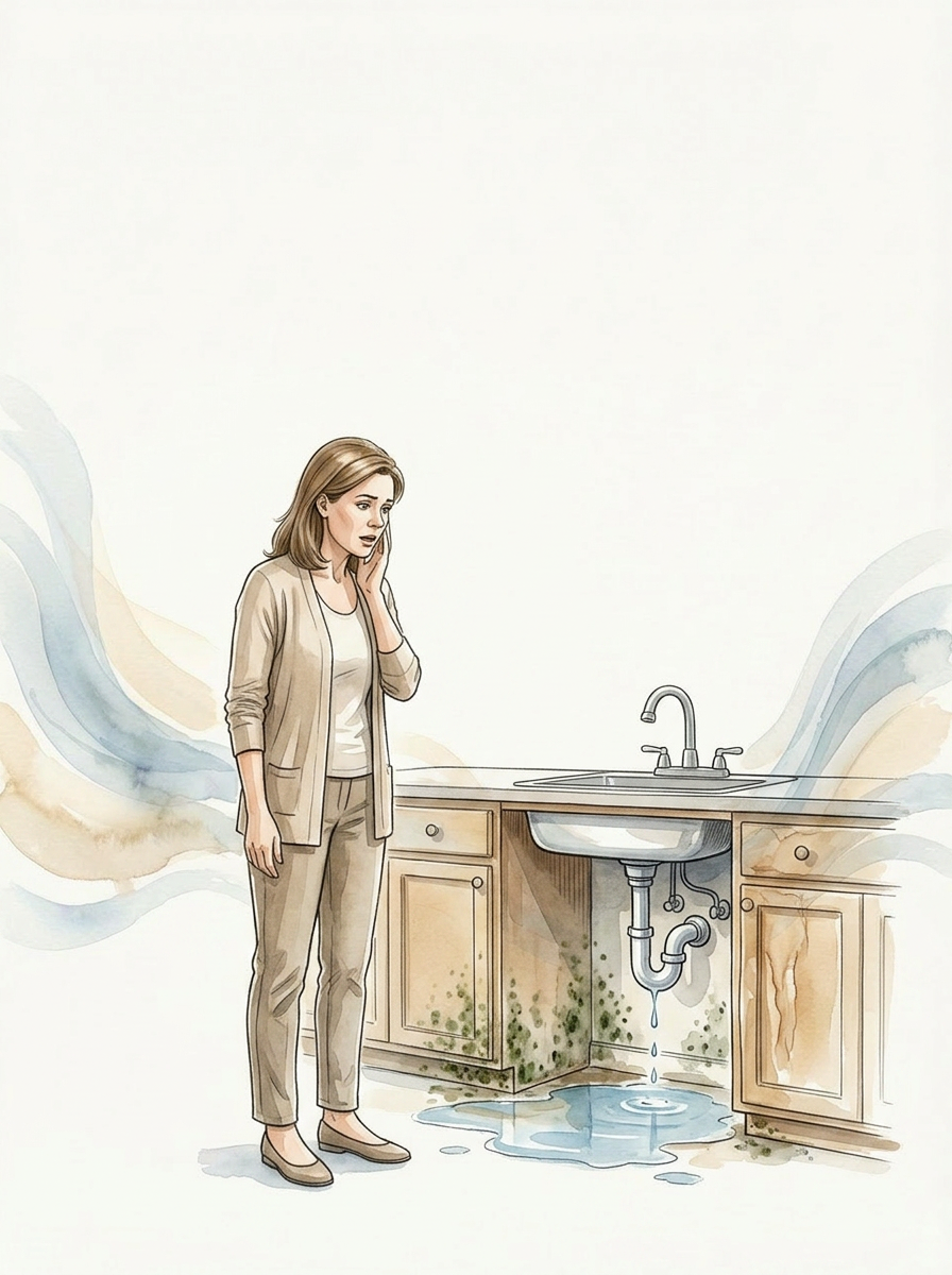 Homeowner discovering water damage under sink