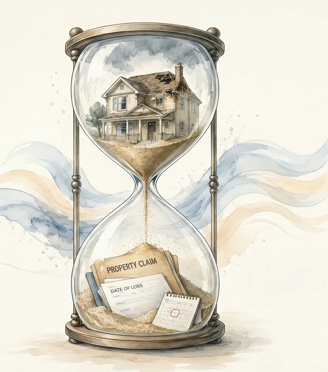 An hourglass with a storm-damaged house in the top bulb and a property insurance claim and calendar in the bottom